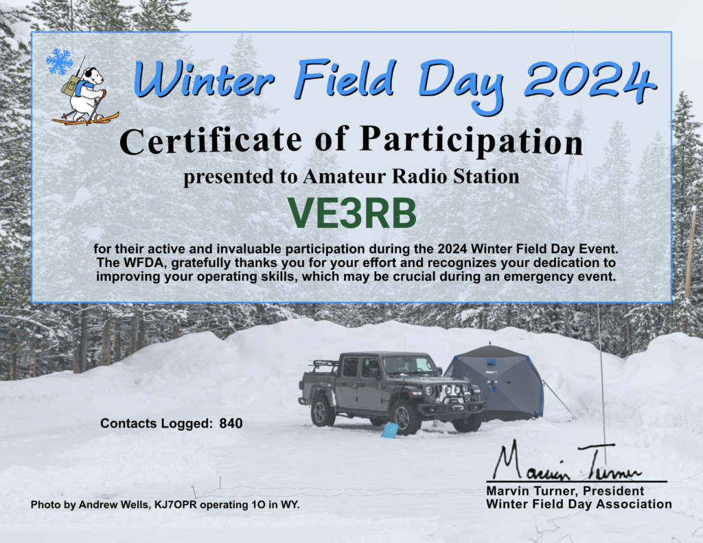 Winter field day certificate showing 840 contacts logged for VE3RB.